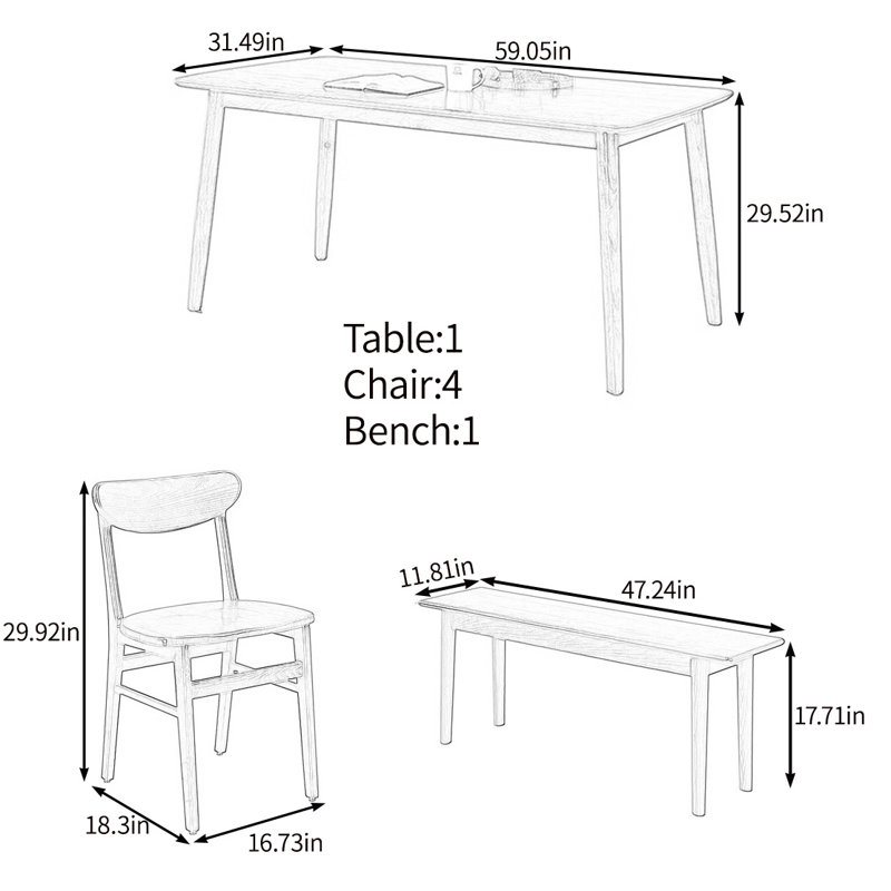 Practical table set in high quality solid wood, 29.52"H x 59.05"L x 31.49"W