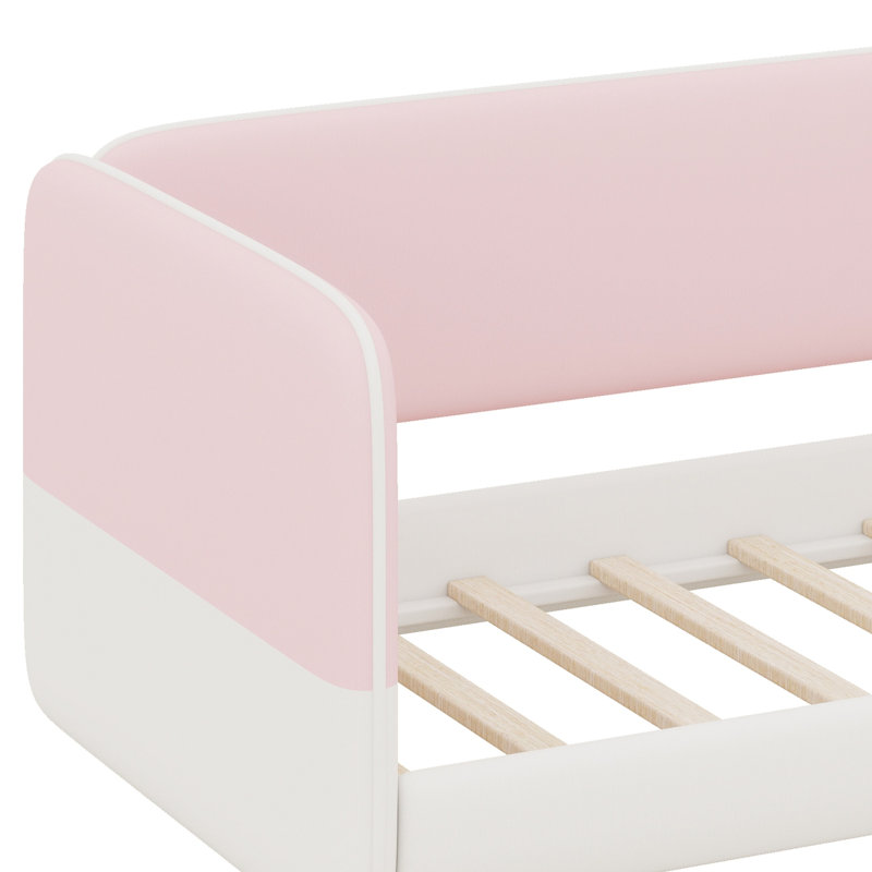 Lit de plancher de style Montessori avec tête de lit tapissier, accoudoirs et côtés protecteurs,, Pink