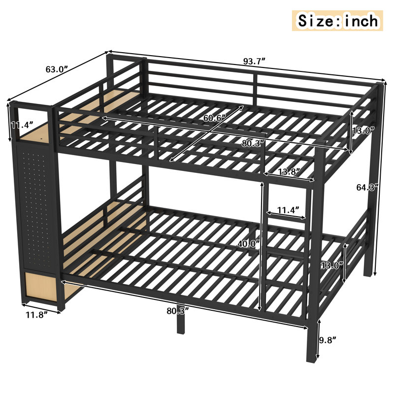 Grand lit superposé en métal avec tiroirs, tablettes et rangement perforé pour grand lit