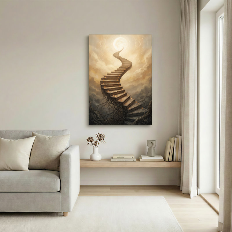 Toile flottante, escalier en bois, 18"H x 12"W