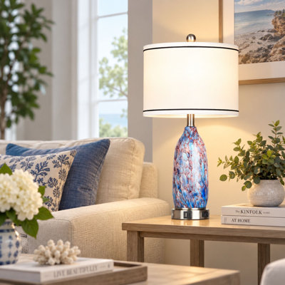 25'' Coastal Art Glass Table Lamp Set with USB-C & AC Outlet, Built-in Night Light, Includes LED Bulbs