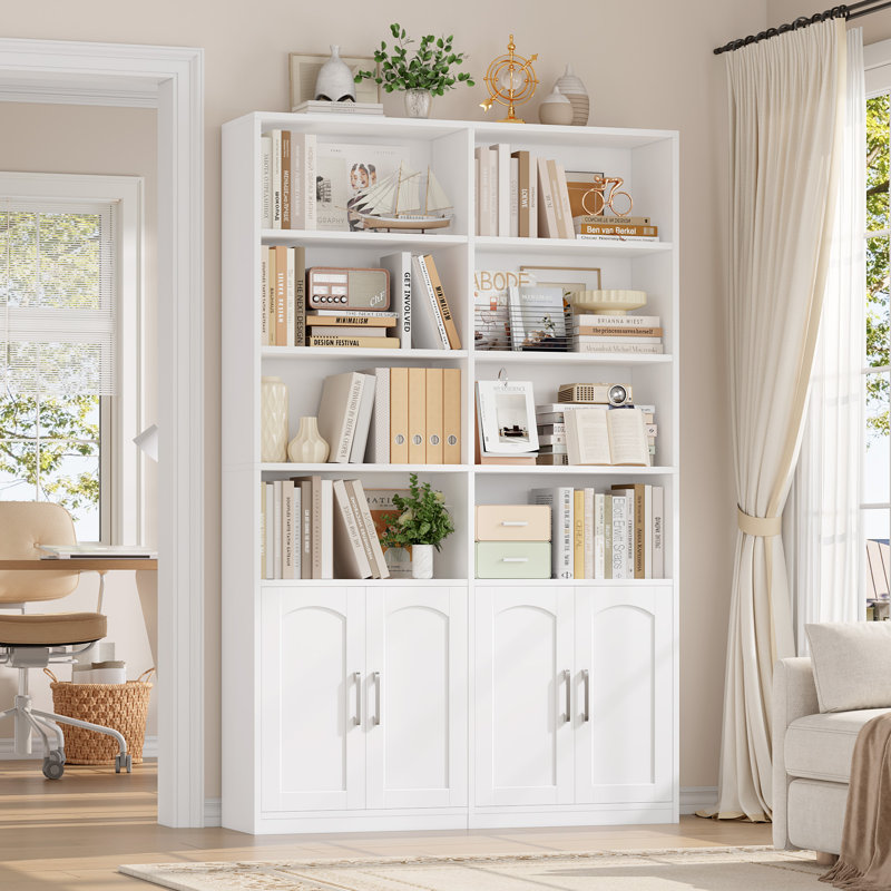 Kirklyn 73" H Standard Storage Bookcase with Doors and 8 Open Shelves, Modern Wood Organizer, White