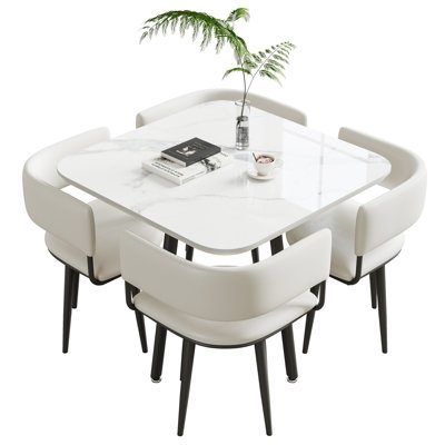 Sintered Stone Square White Dining Table Set With 4 Chairs