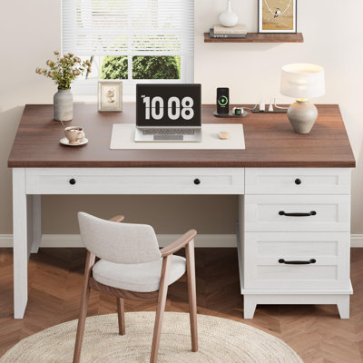 Bureau de direction Farmhouse avec station de charge et classeur, bureau d'ordinateur en bois pour étude de travail