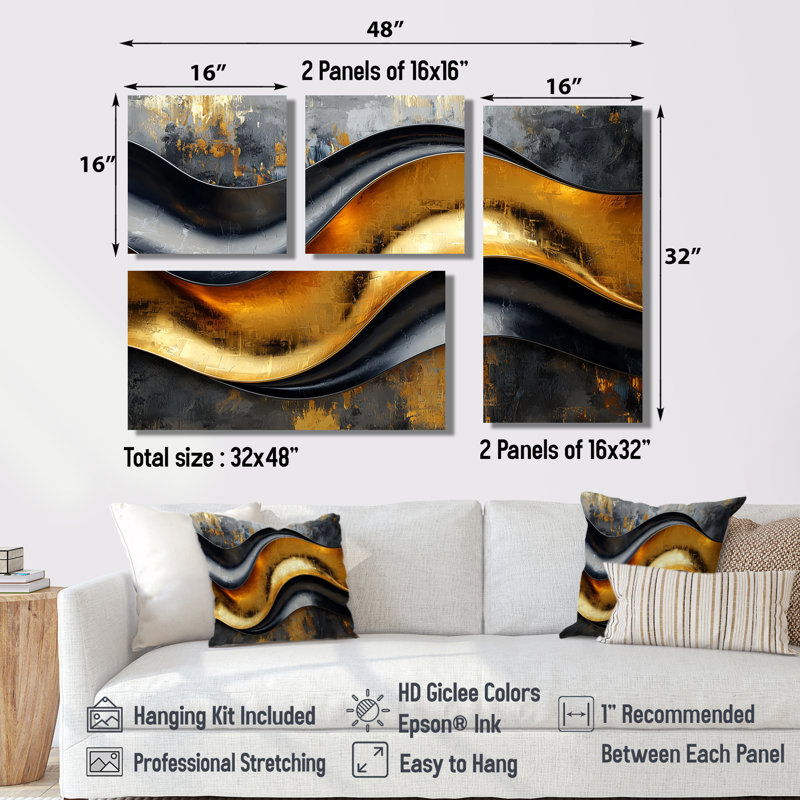 Géométrique Cooper Waves II - Art mural abstrait grand 4 pièces, Reproduction encadrée sans passe-partout, Noir