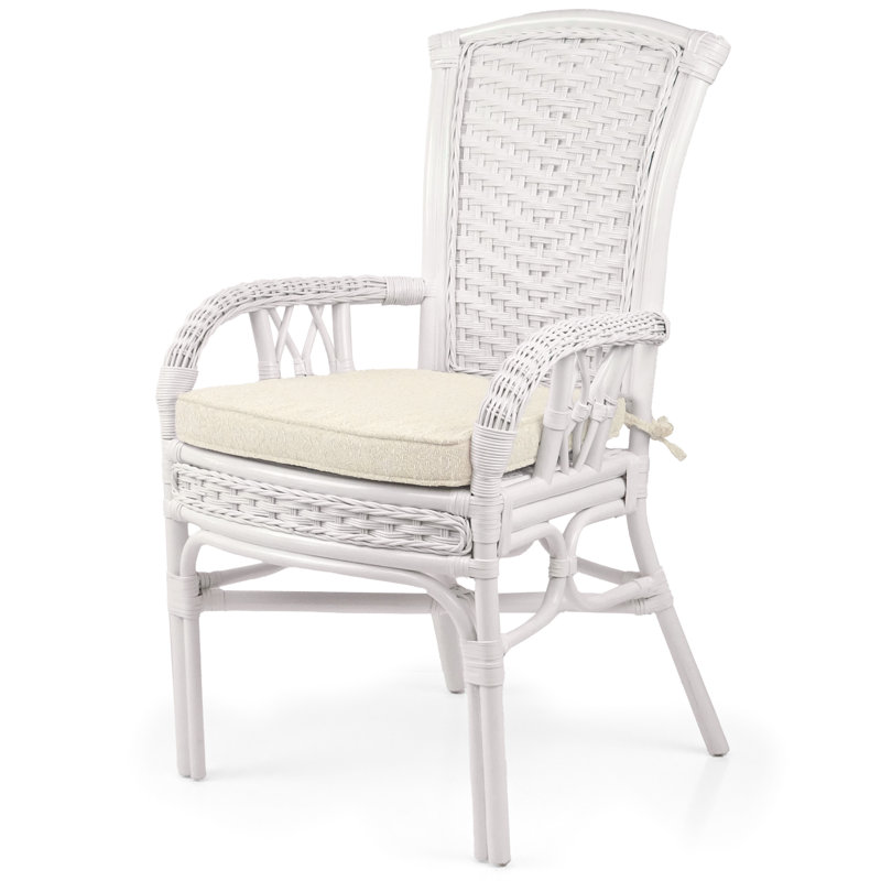 Delberta Dining Armchair Chair Natural Rattan Wicker Handmade Design With Cushion, White Color, White/Beige, 1