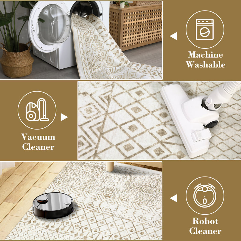 Tapis de chambre à coucher lavable à motif géométrique doux et antidérapant, Rectangle 9 pi x 12 pi