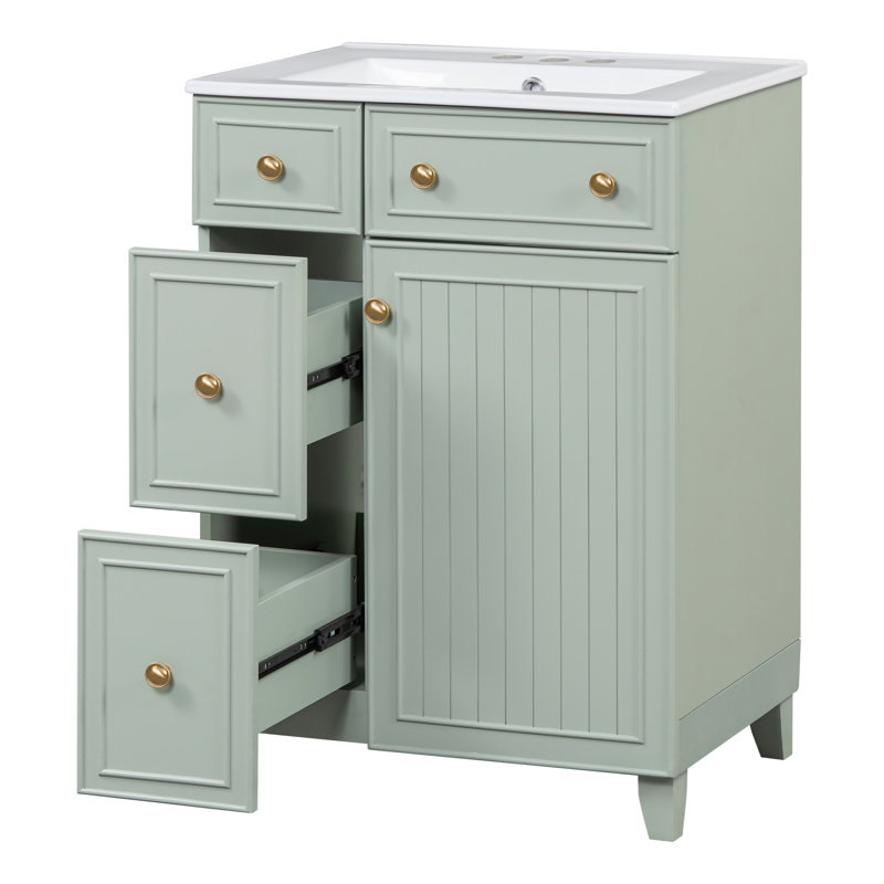 24" Bathroom Vanity Cabinet With Ceramic Top, Green, Gold
