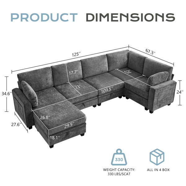 Ebern Designs 125" Modular Sectional Sofa With Storage, Oversized U ...