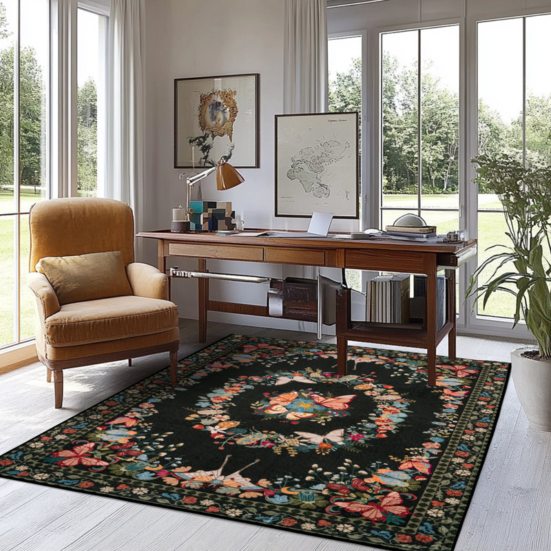 6x9 ft Butterfly Rug for Living Room, Low Pile Throw Rugs with Rubber Backing Washable Non Slip Modern Large Area Rug for Bedroom Dining Room, Black