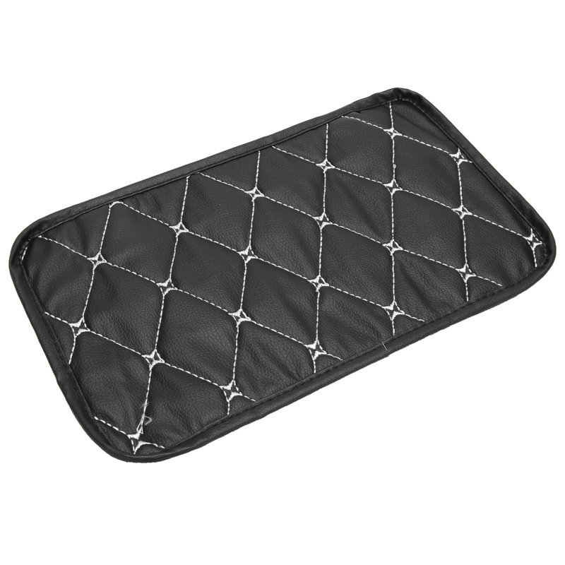 Tapis de rangement pour accoudoir de voiture, imperméable et anti-poussière, en cuir PU, avec des lignes blanches sur fond noir.