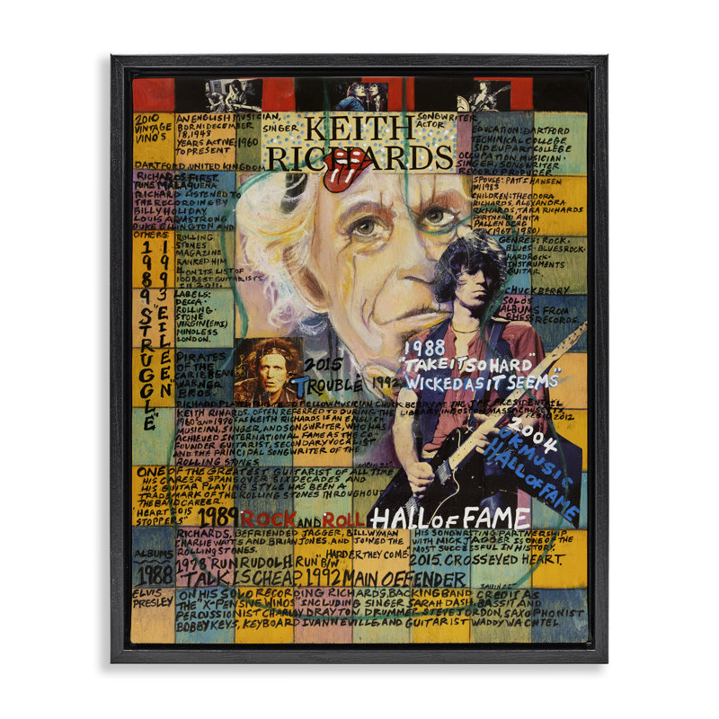 «Keith Richards Collage Floater», art mural encadré par Sabin, H 21 po x l 17 po, Cadre flottant gris lustré