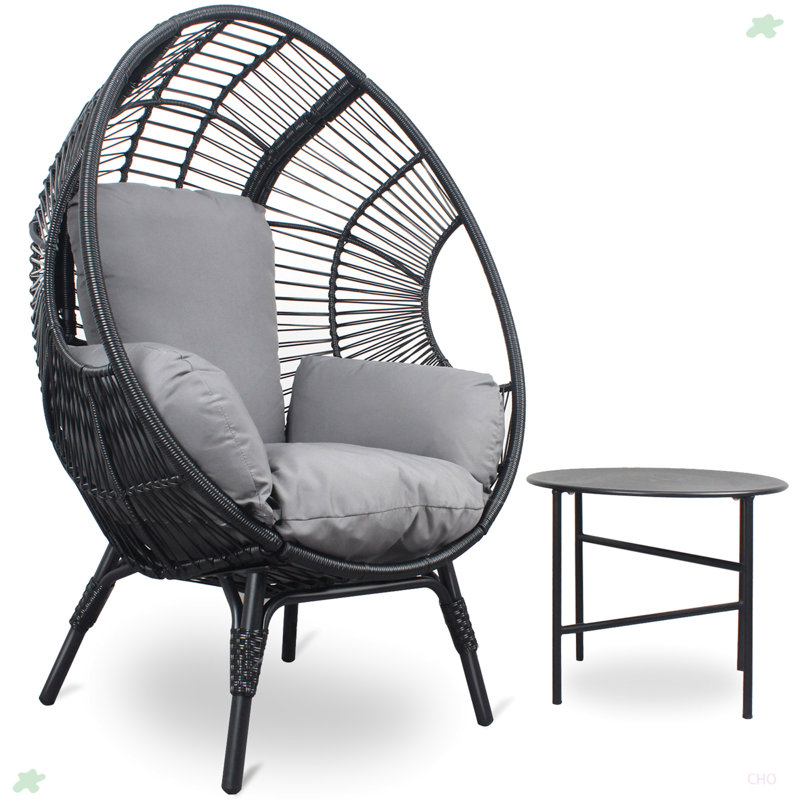Chaise de patio en osier PE modèle 2 avec rotin et table d'appoint, Gris, Noir