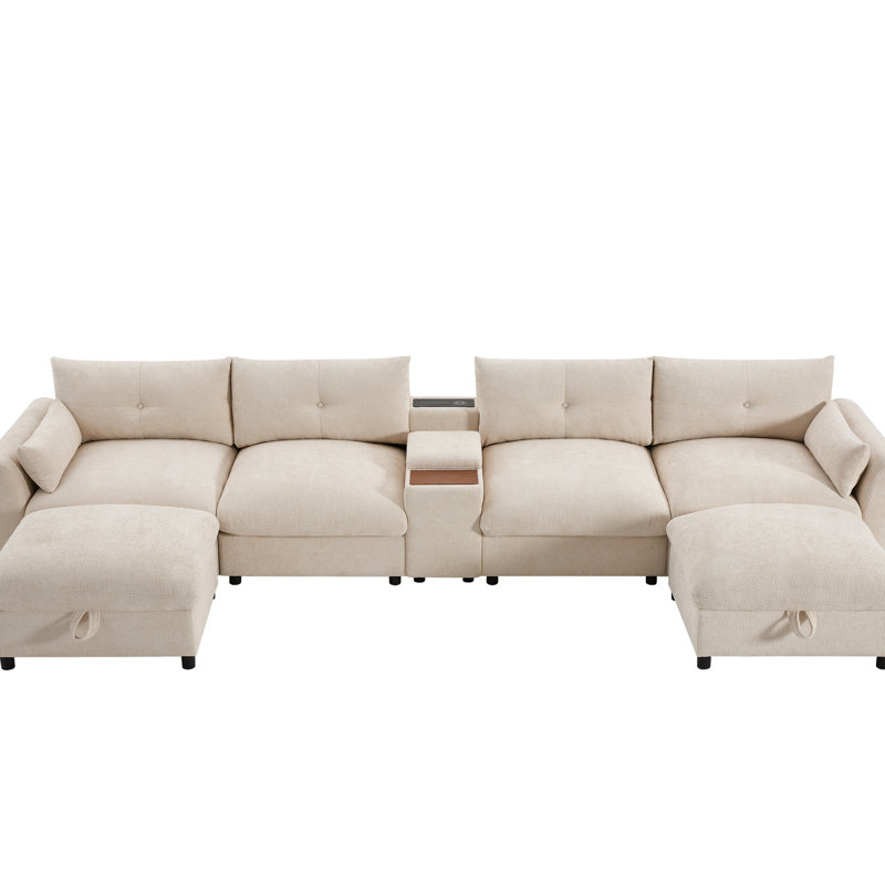 Canapé modulaire à 6 places avec repose-pieds, console et sièges confortables, Beige