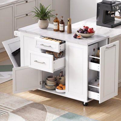 Rolling Kitchen Island with Drop Leaf, Tilt Trash Cabinet, Pull Out Organizer, 2 Drawers & 1 Door