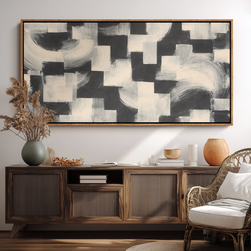 Art mural très grand noir et blanc abstrait géométrique, Naturel, H 30 po x l 60 po