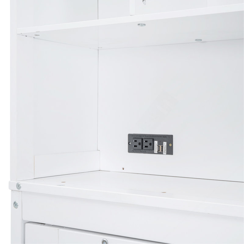 Grand lit escamotable mural avec tablettes supérieures et USB, blanc