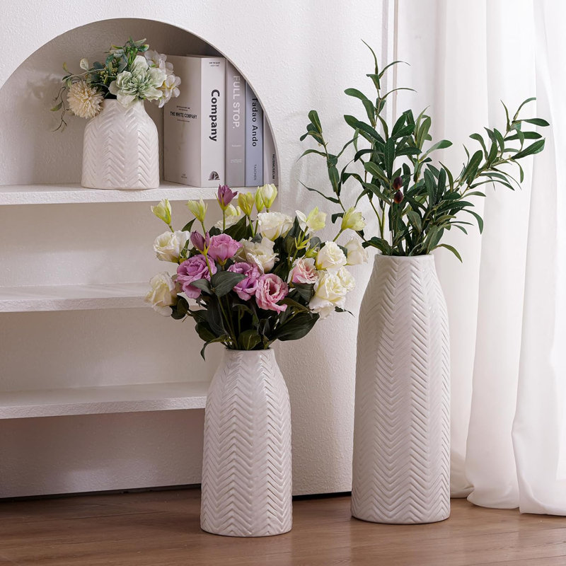 Ceramic Floor Vase For Flowers - Large Decorative Vase For Home Decor, Perfect For Living Room, Office, Kitchen, Table Centerpiece With Textured White Finish