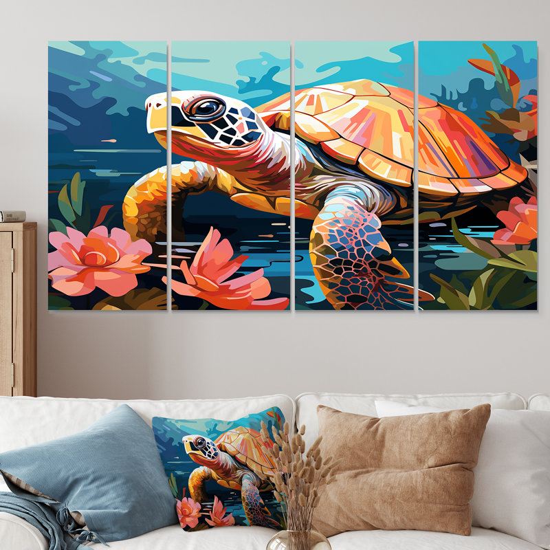 Pop Art Curious Turtle Aquatic I - Tortue, ensemble de 4 décorations murales, H 28 po x l 48 po