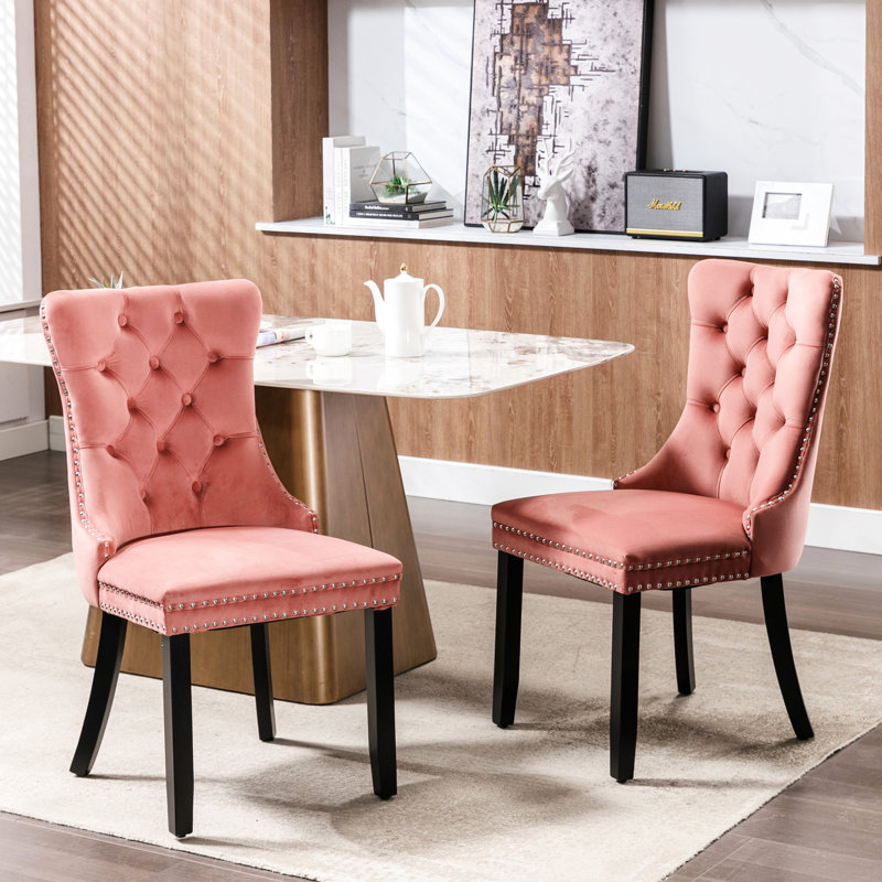 Chaise de salle à manger moderne avec pieds en bois massif et revêtement en velours rose, Rose, Noir