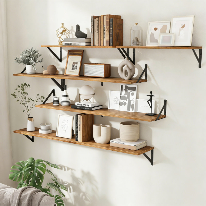 Floating Shelves For Wall, 48" W X 8" D, Set Of 2, Rustic Brown For Living Room, Office, Bedroom