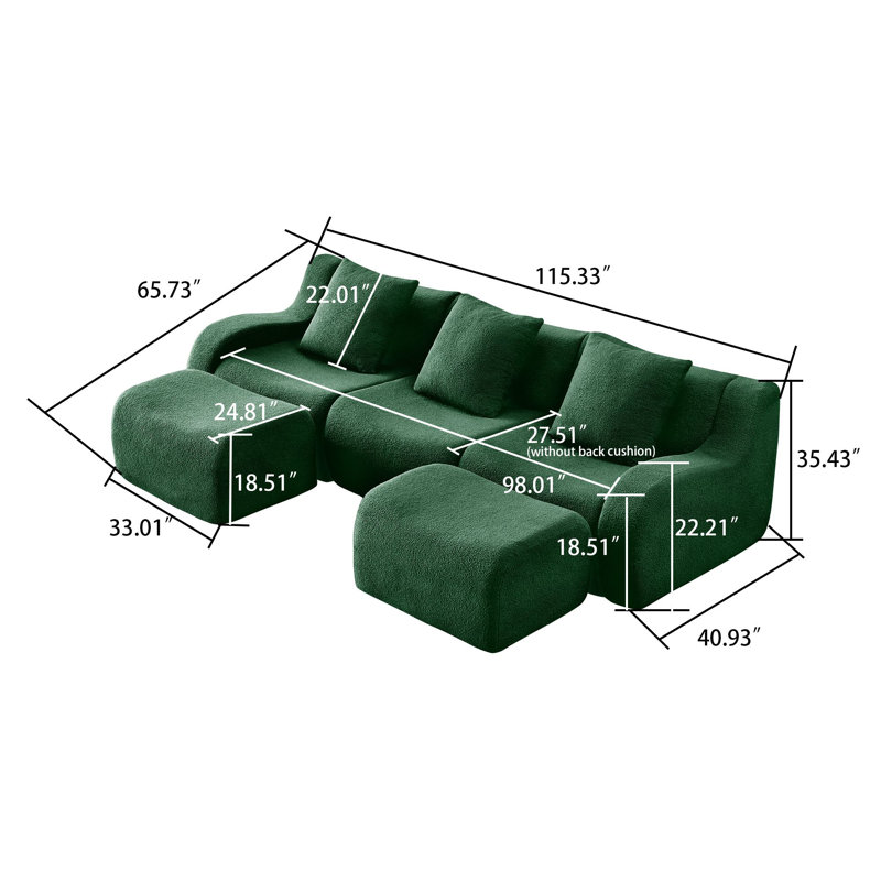 Canapé modulaire rembourré 3 places avec 2 repose-pieds Modern, H 35,43 po x l 115,33 po x P 65,73 po, Ours en peluche vert
