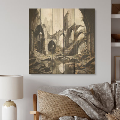 Dessin d'analyse de ruines de bâtiments - Ruins, art sur bois de pin naturel