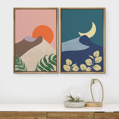Sun And Moon " Desert Dune Sun & Crescent Moon Nature Shapes Modern Art Scenic Colourful " 2 - Pieces