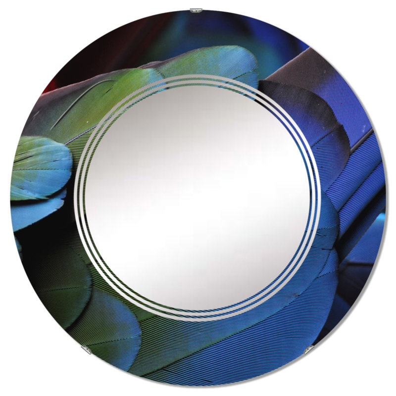 Plumes de perroquet bleues et vertes - Miroir mural traditionnel rond, 32 po x 32 po