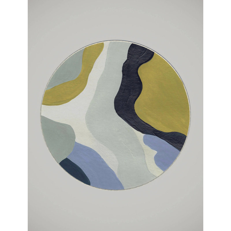 Tapis bleu / jaune en polyester tissé à la machine Lucrece, Rond 7 pi