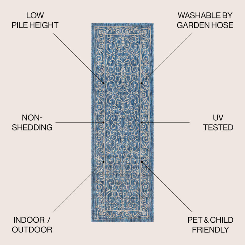 Hagerman Vintage Filigree Textured Weave Navy/Gray Indoor/Outdoor Rug, Runner 2'2" x 10'