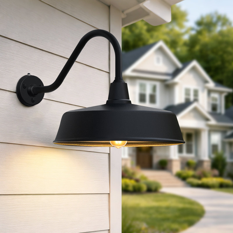 Bechard Black Finish Dusk To Dawn Outdoor Wall Barn Light, 18" H x 18" W x 28" D, 1 Light