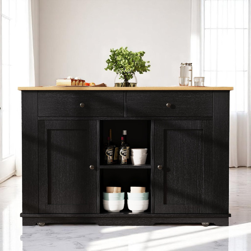 Kitchen Island With 2 Doors, 2 Drawers And Shelves, Black
