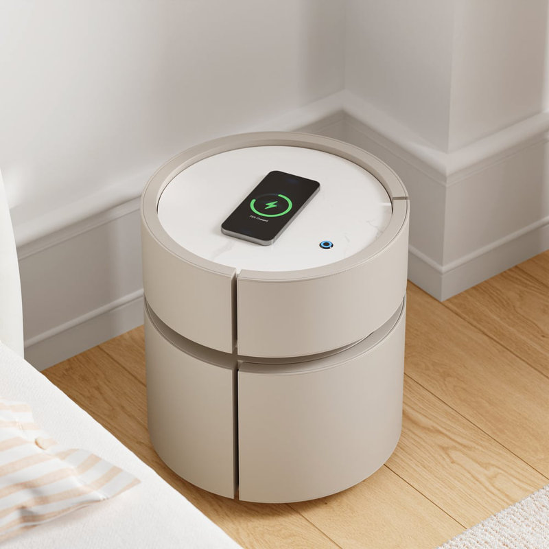 Saddle Leather Round Bedside Table With Sintered Stone Top, Led Light & Wireless Charging