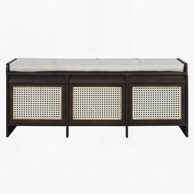 Retro Entryway Shoe Storage Bench with Rattan Drawers and Removable Button-Tufted Cushion for Living Room, Hallway, Foyer