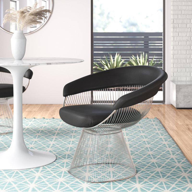 Pangea Home Fern Modern Black Faux Vegan Leather Accent Chair with Silver Metal Wire Base – Contemporary Armchair for Living Room or Dining Space