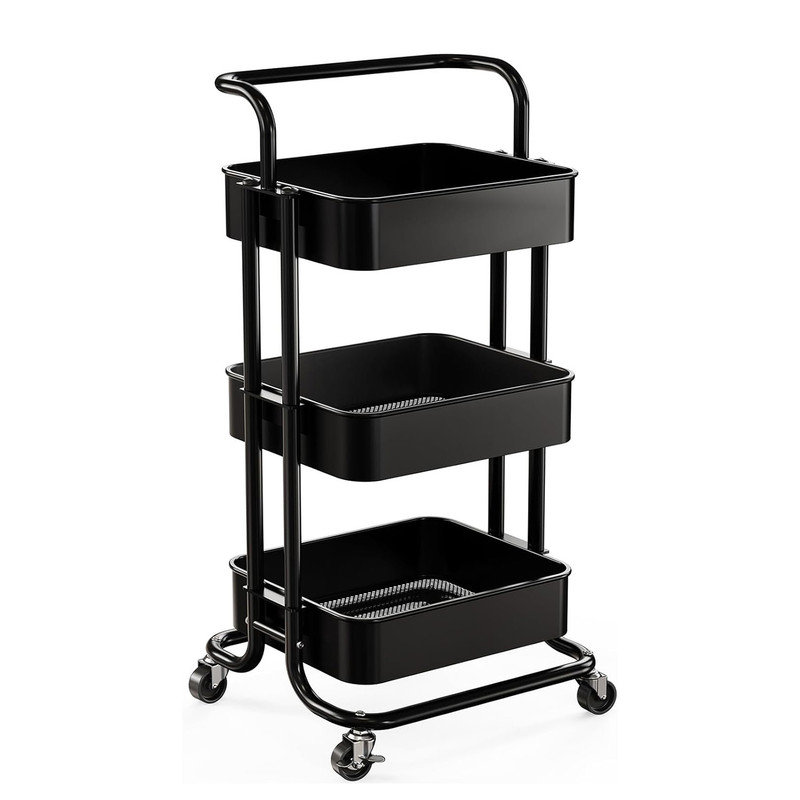 Black Metal 3-Tier Rolling Utility Cart with Wood Tabletop