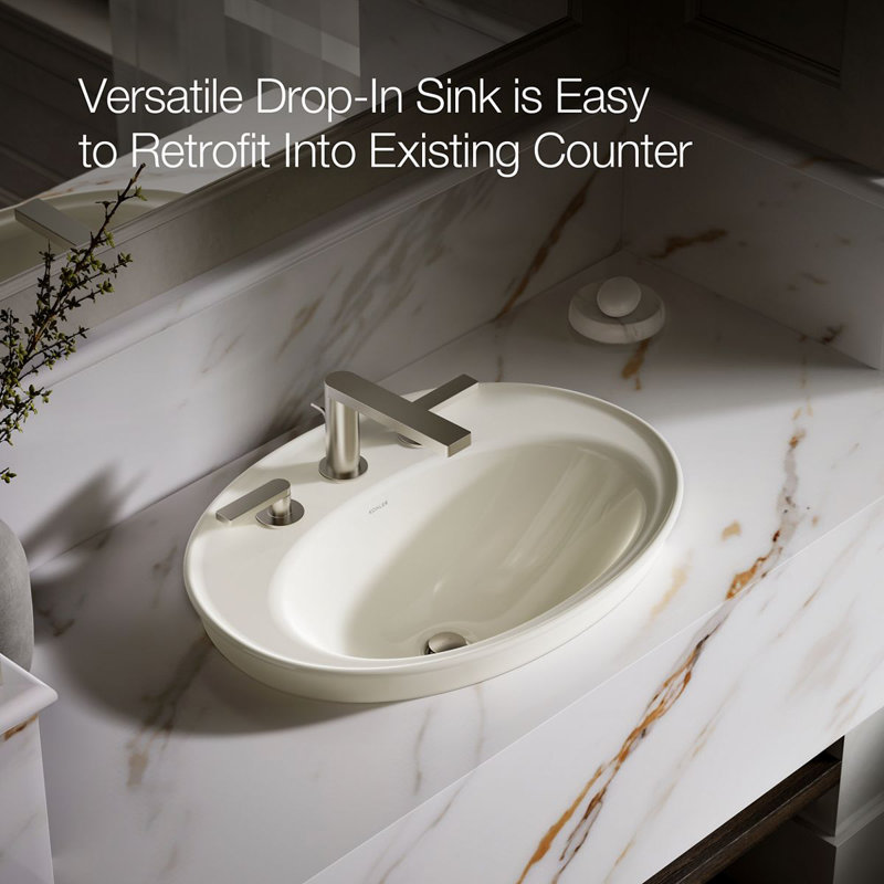 Serif Ceramic Oval Drop-In Bathroom Sink with Overflow, Biscuit, 8'' Widespread