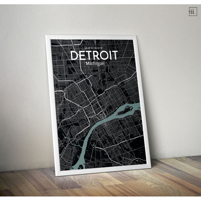 « détroit city map », reproduction d’impression sur affiche en minuit, H 27,6 po x l 19,7 po