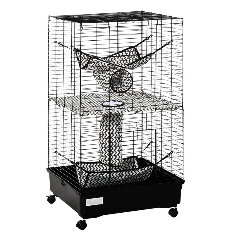 Cage pour animal de compagnie 42 po, noire - Comprend des roues, des freins et plusieurs plateformes pour petits animaux