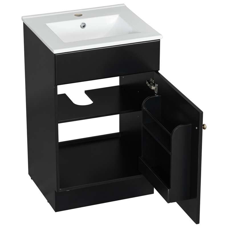 Meuble-lavabo de salle de bain en panneau de fibres à densité moyenne durable avec lavabo en céramique et porte à fermeture douce, idéal pour les salles de bain modernes et pratiques