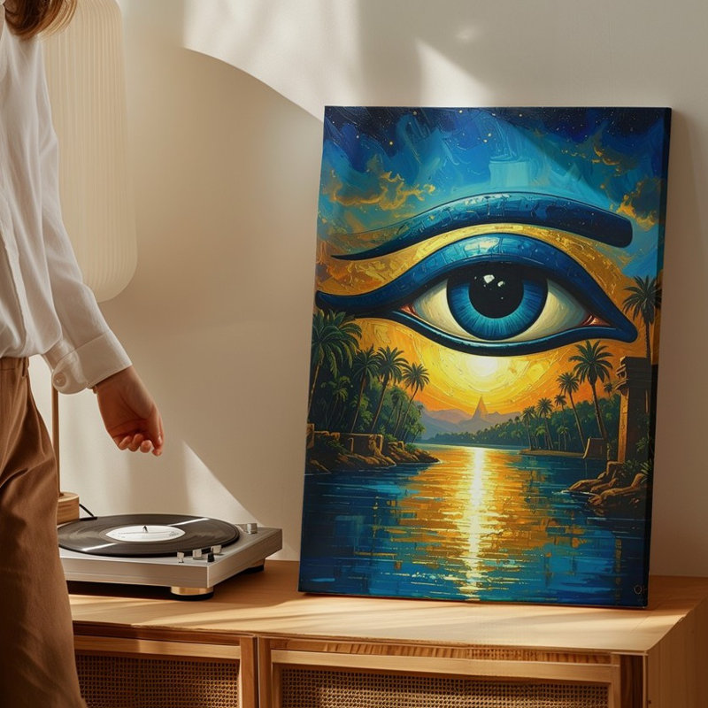 «Wall of Eye of Horus Sunset», toile égyptienne symbolique sur toile du Nil, H 16 po x l 20 po