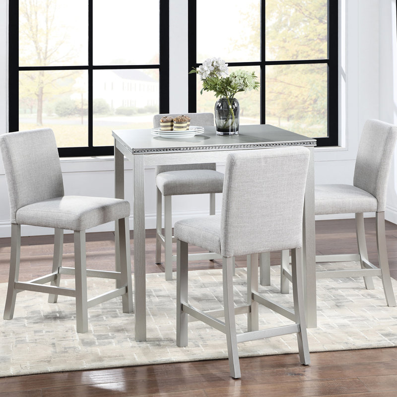 Table 5 pièces à hauteur de comptoir avec structure carrée et 4 chaises rembourrées en gris argenté