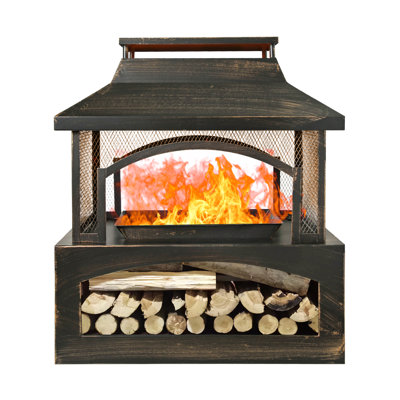 37-Inch Rectangular Metal Outdoor Wood Burning Fireplace - Outdoor Fireplace With Built-In Log Storage And Poker-Brushed Bronzelog Burner Fire Pit For Patio Garden And Backyard
