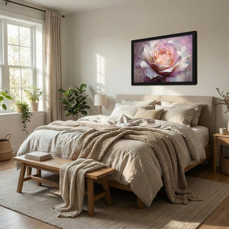 Plantes et fleurs rose tendre sur fond mauve, H 20 po x l 30 po