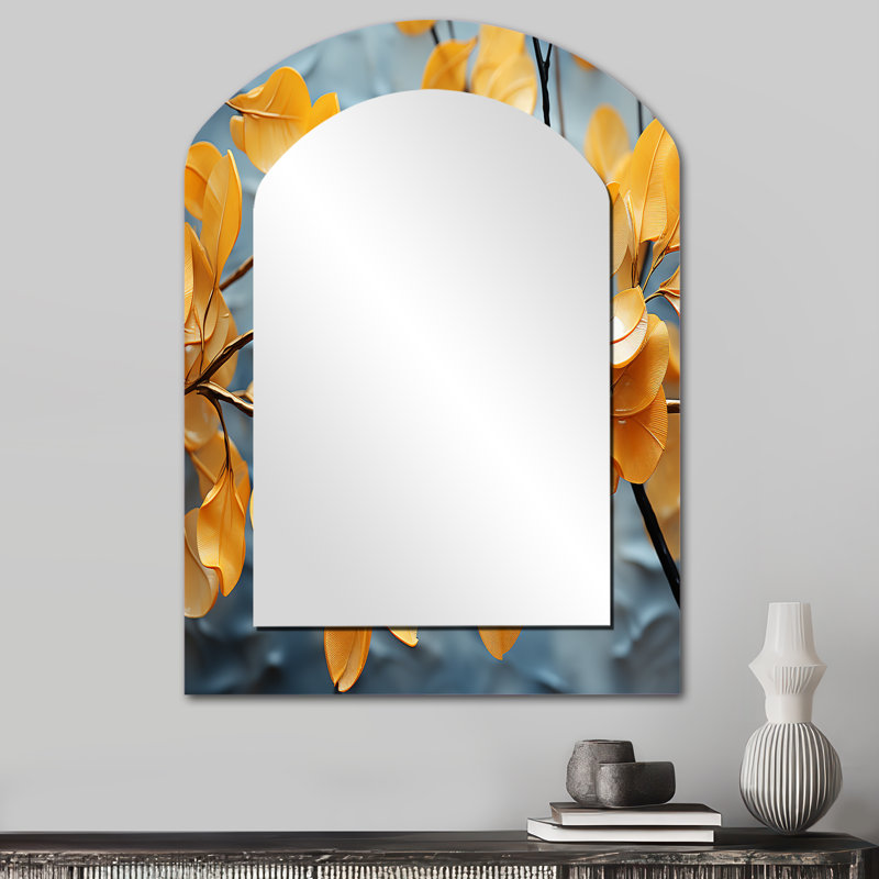 Golden Foliage Leaves I - miroir en forme d'arche, miroir mural décoratif doré, 34 po x 25 po