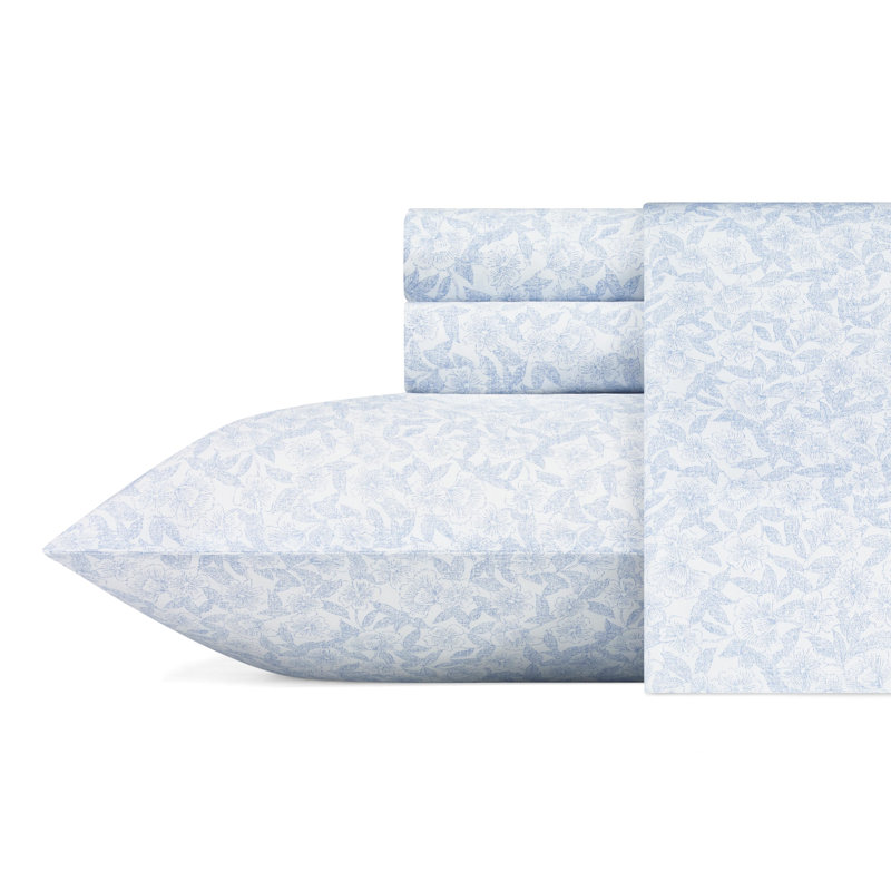 4-Piece 300 Thread Count Sateen Cotton Sheet Set, Queen Sheet Set with 2 Pillowcases, Blossoming