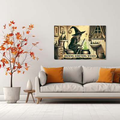 1-piece framed Almaraz painting of a witch, potion making in the bathroom, vintage woodcut style. Decorative printed vintage wall poster for home decor, suitable for modern artwork in bedrooms and living rooms