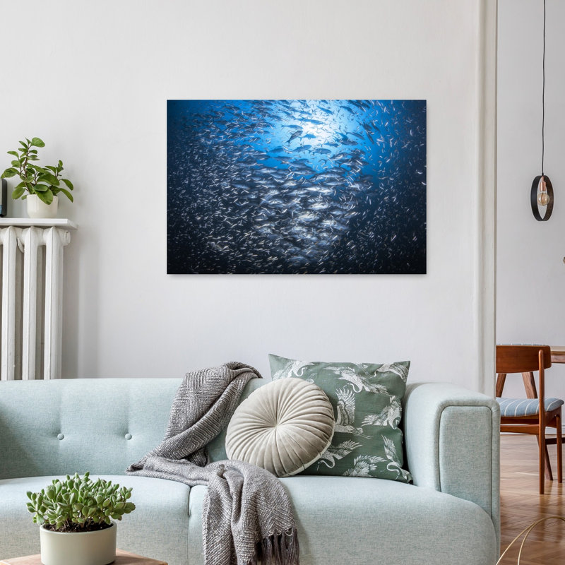 Deep Blue Fish School Vibrant Contemporary Fish Nature Ocean Wall Art Print 1 Piece Wrapped Canvas Wall Art