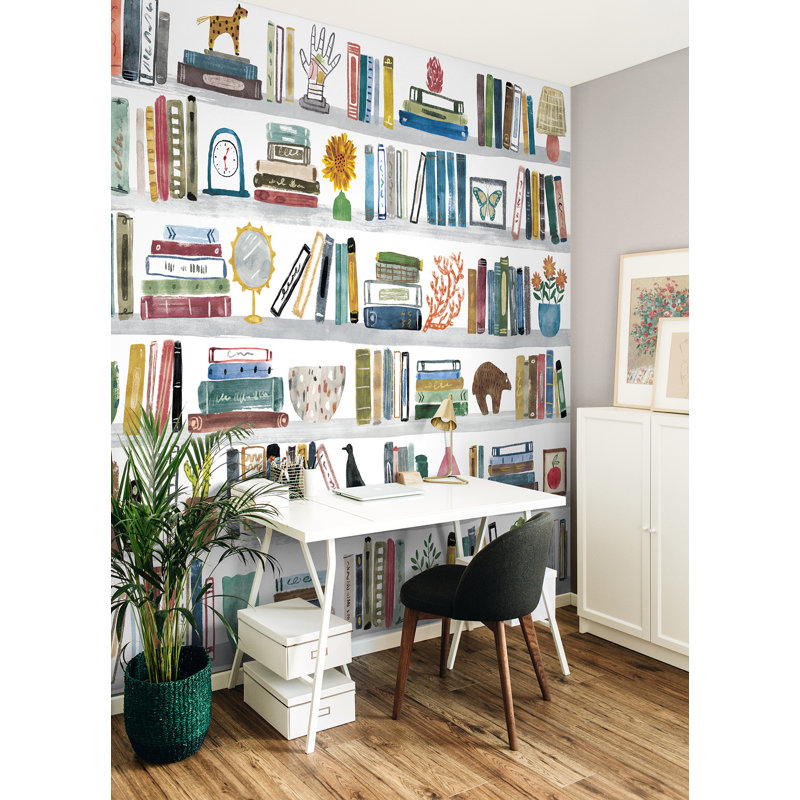 Colorful Pink and Yellow Bookshelf Peel and Stick Wall Mural